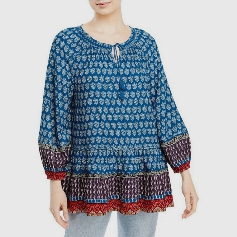 BEACHLUNCHLOUNGE XS Boho Printed Smocked Tassel Long Sleeve Tunic XS Peasant
